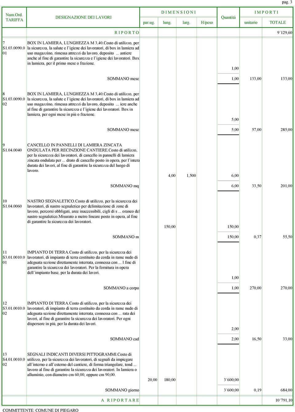 .. antiere anche al fine di garantire la sicurezza e l igiene dei lavoratori. Box in lamiera, per il primo mese o frazione. SOMMANO mese 133,00 133,00 8 BOX IN LAMIERA, LUNGHEZZA M 3,40.