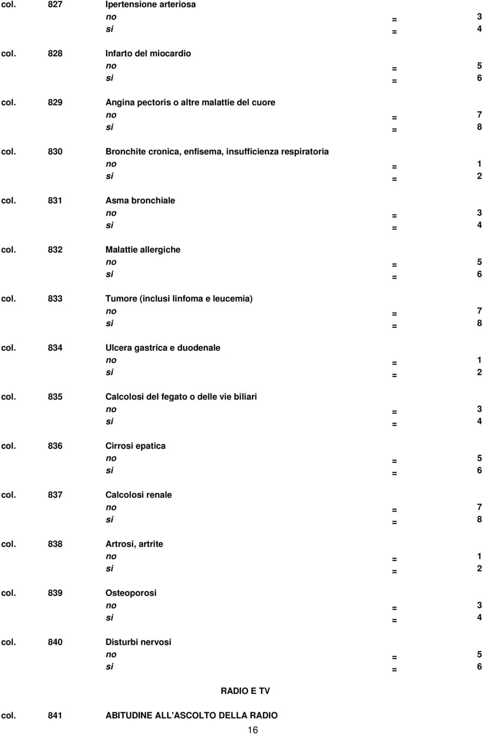 833 Tumore (inclusi linfoma e leucemia) no = 7 si = 8 col. 834 Ulcera gastrica e duodenale si = 2 col. 835 Calcolosi del fegato o delle vie biliari no = 3 si = 4 col.