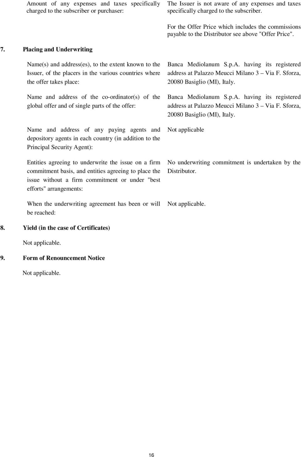 Placing and Underwriting Name(s) and address(es), to the extent known to the Issuer, of the placers in the various countries where the offer takes place: Name and address of the co-ordinator(s) of