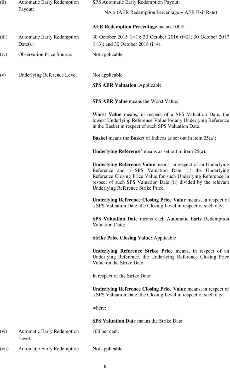 (iv) Observation Price Source: Not applicable (v) Underlying Reference Level Not applicable SPS AER Valuation: Applicable SPS AER Value means the Worst Value; Worst Value means, in respect of a SPS