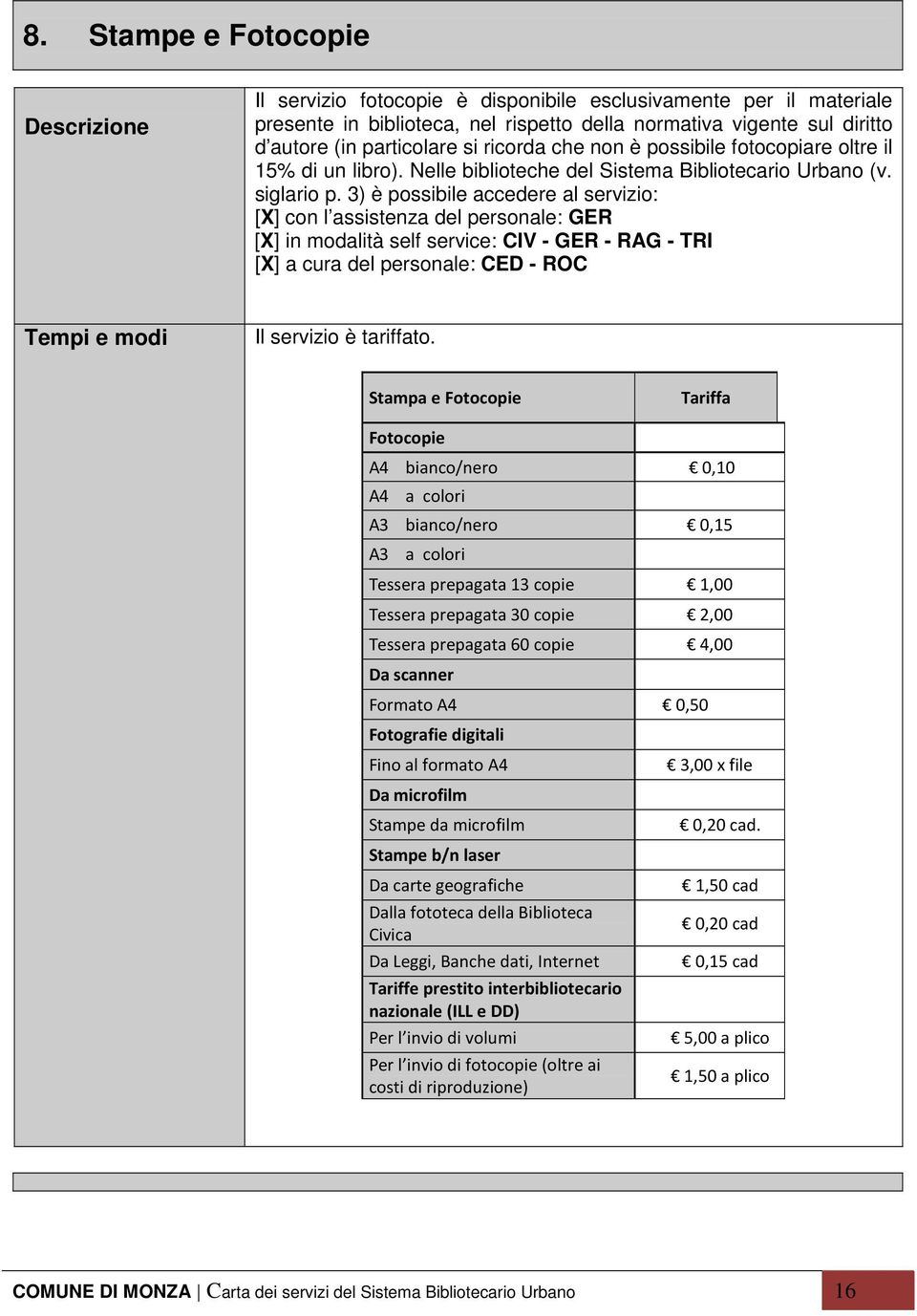 3) è possibile accedere al servizio: [X] con l assistenza del personale: GER [X] in modalità self service: CIV - GER - RAG - TRI [X] a cura del personale: CED - ROC Il servizio è tariffato.