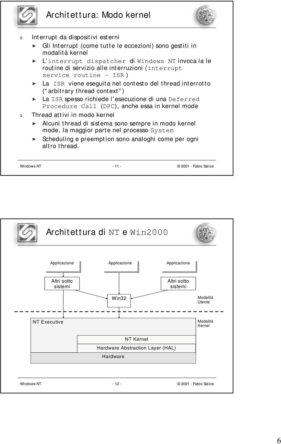 service routine ISR ) La ISR viene eseguita nel contesto del thread interrotto ( arbitrary thread context ) La ISR spesso richiede l esecuzione di una Deferred Procedure Call (DPC), anche essa in