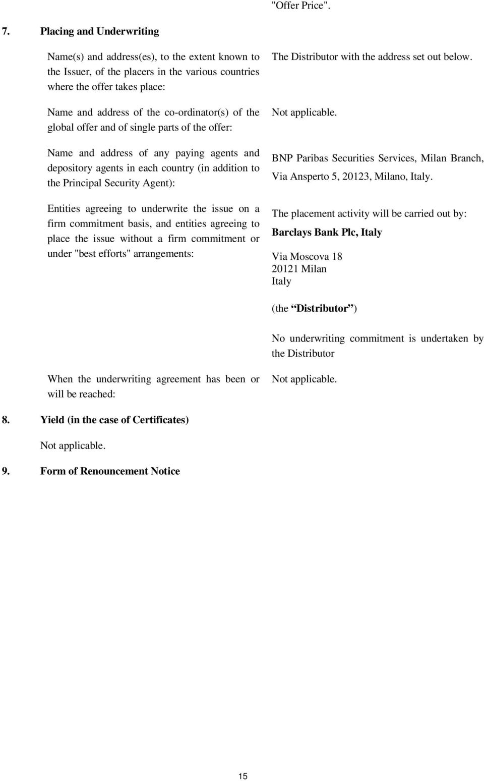 the global offer and of single parts of the offer: Name and address of any paying agents and depository agents in each country (in addition to the Principal Security Agent): Entities agreeing to