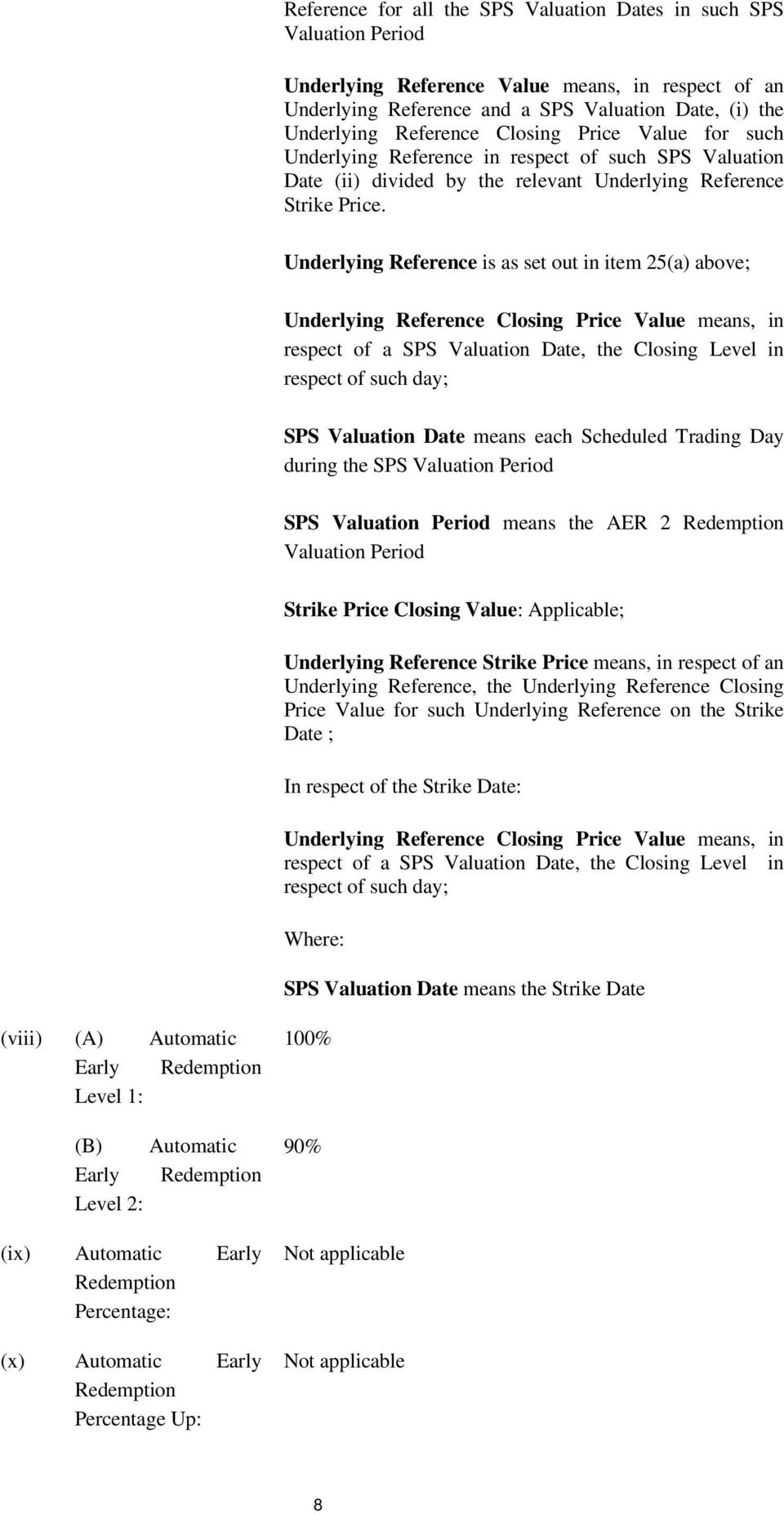 Underlying Reference is as set out in item 25(a) above; Underlying Reference Closing Price Value means, in respect of a SPS Valuation Date, the Closing Level in respect of such day; SPS Valuation