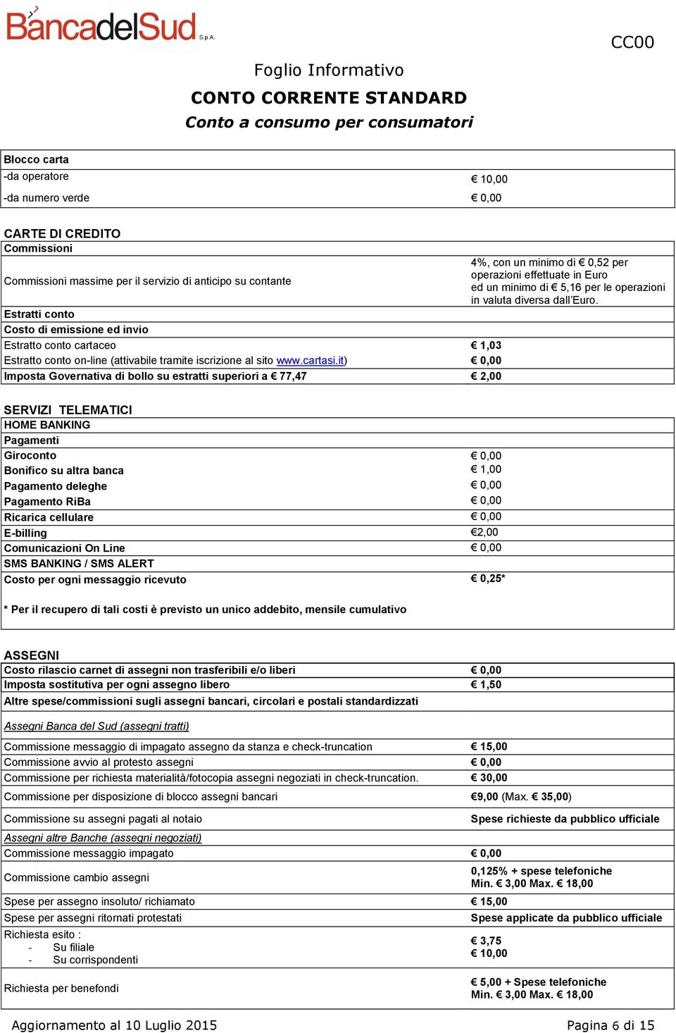 Estratti conto Costo di emissione ed invio Estratto conto cartaceo 1,03 Estratto conto on-line (attivabile tramite iscrizione al sito www.cartasi.