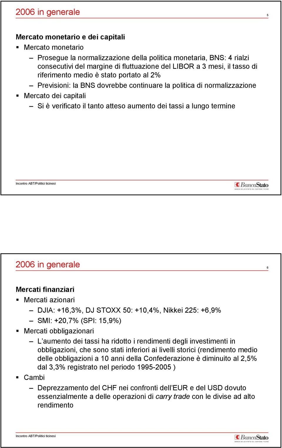 Previsioni: la BNS dovrebbe continuare la politica di normalizzazione! Mercato dei capitali Si è verificato il tanto atteso aumento dei tassi a lungo termine 2006 in generale 6 Mercati finanziari!