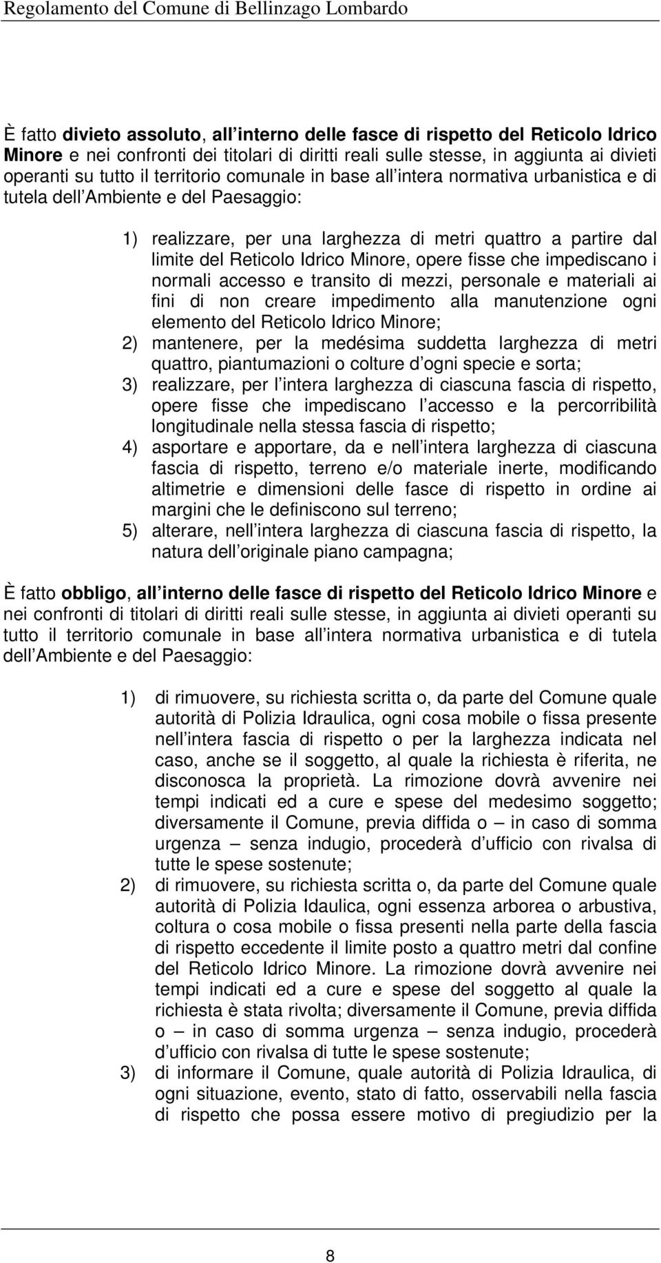 Minore, opere fisse che impediscano i normali accesso e transito di mezzi, personale e materiali ai fini di non creare impedimento alla manutenzione ogni elemento del Reticolo Idrico Minore; 2)