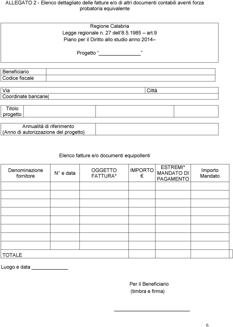 9 Piano per il Diritto allo studio anno 2014 Progetto Beneficiario Codice fiscale Via Coordinate bancarie Città Titolo progetto Annualità di