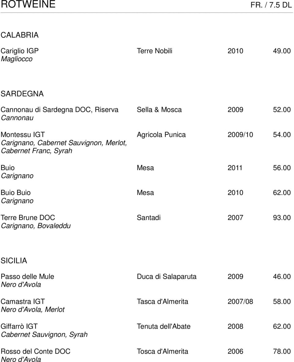 00 Carignano Buio Buio Mesa 2010 62.00 Carignano Terre Brune DOC Santadi 2007 93.