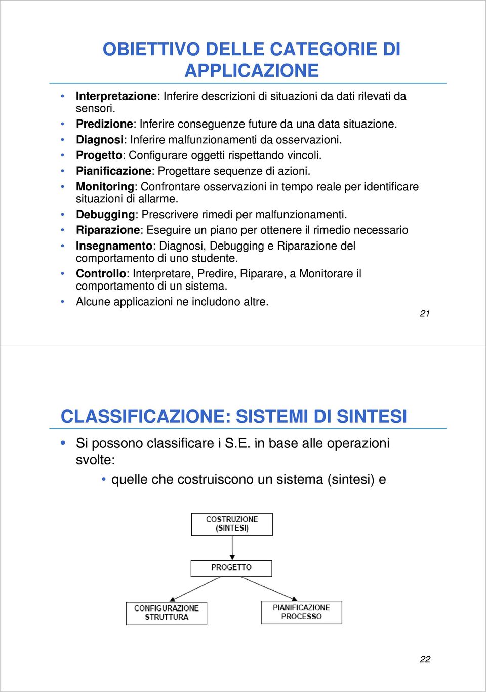 Monitoring: : Confrontare osservazioni in tempo reale per identificare situazioni di allarme. Debugging: : Prescrivere rimedi per malfunzionamenti.