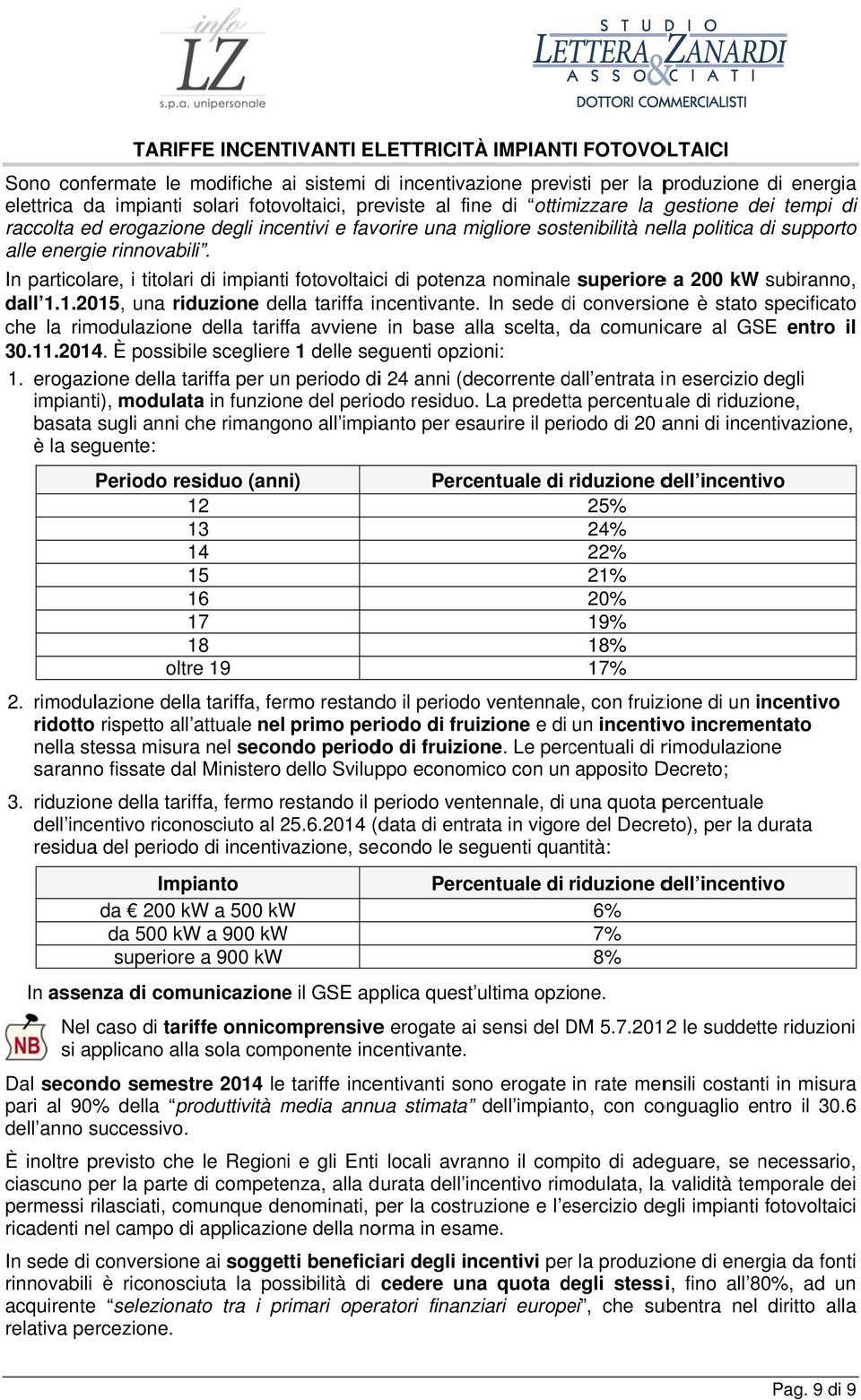 In particolare, i titolari di impianti fotovoltaici di potenza nominale superioree a 200 kw subiranno, dall 1.1.2015, una riduzione della tariffa incentivante.