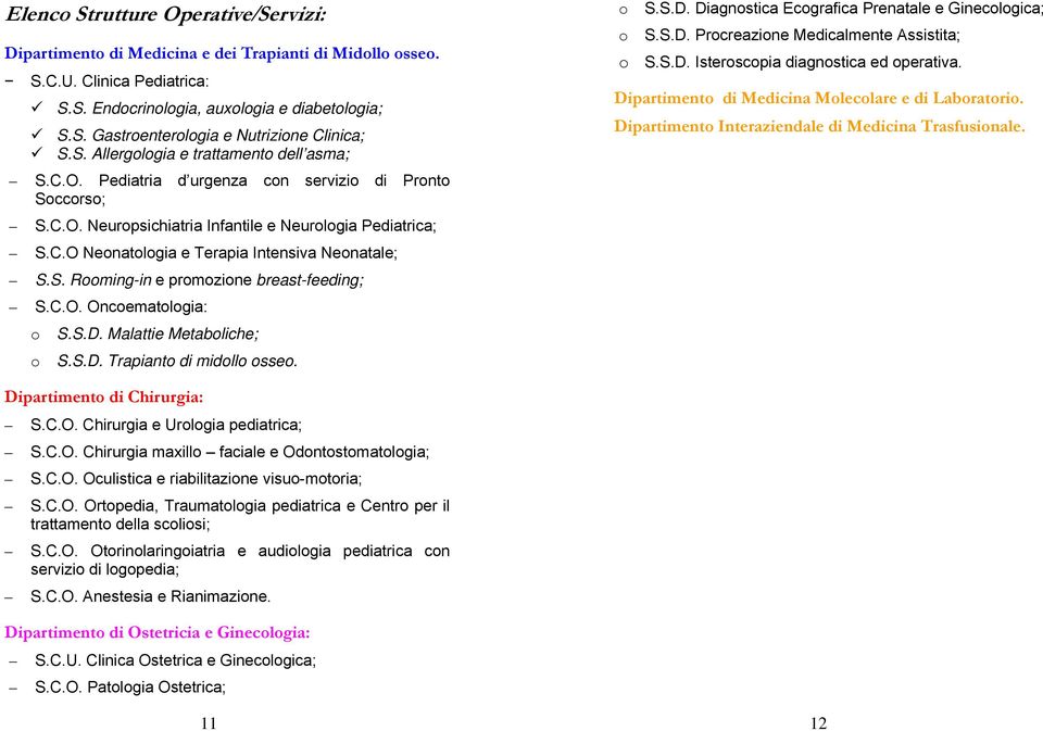 S. Rooming-in e promozione breast-feeding; S.C.O. Oncoematologia: o S.S.D. Malattie Metaboliche; o S.S.D. Trapianto di midollo osseo. o S.S.D. Diagnostica Ecografica Prenatale e Ginecologica; o S.S.D. Procreazione Medicalmente Assistita; o S.