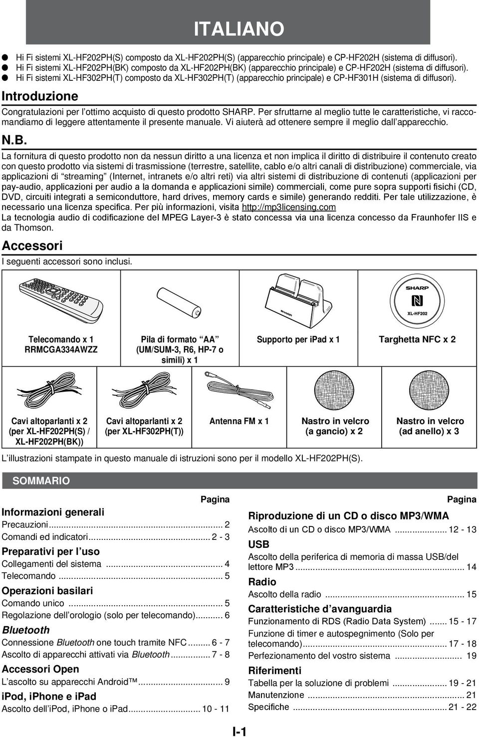 Hi Fi sistemi XL-HF302PH(T) composto da XL-HF302PH(T) (apparecchio principale) e CP-HF301H (sistema di diffusori). Introduzione Congratulazioni per l ottimo acquisto di questo prodotto SHARP.