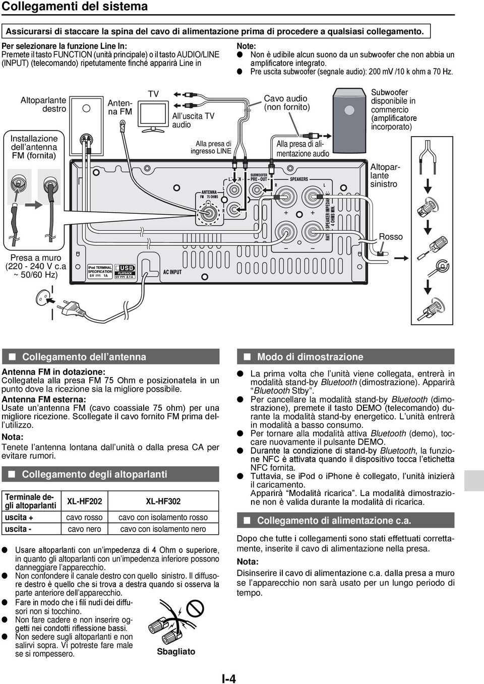 finché apparirà Line in amplificatore integrato. Pre uscita subwoofer (segnale audio): 200 mv /10 k ohm a 70 Hz.