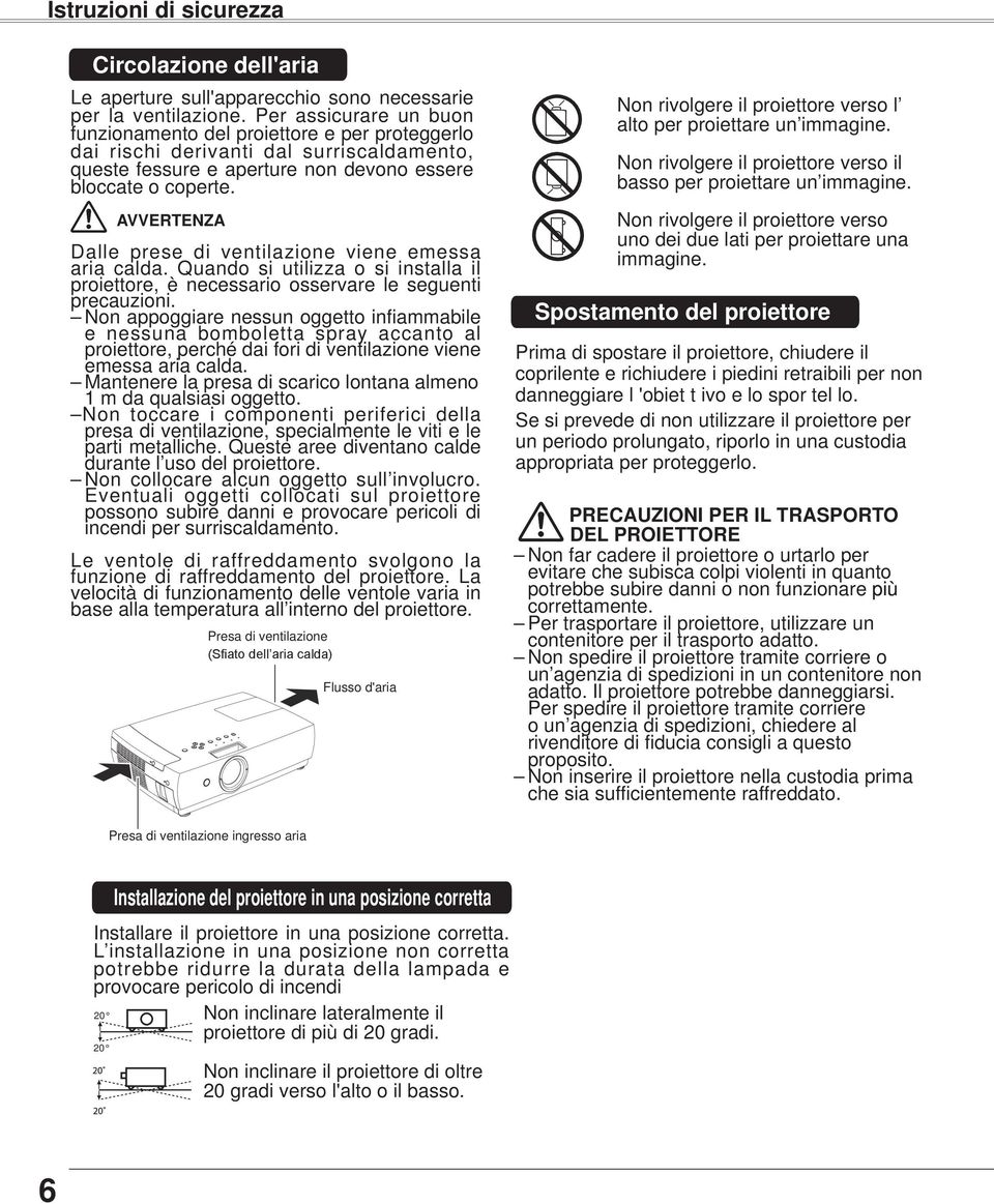 AVVERTENZA Dalle prese di ventilazione viene emessa aria calda. Quando si utilizza o si installa il proiettore, è necessario osservare le seguenti precauzioni.