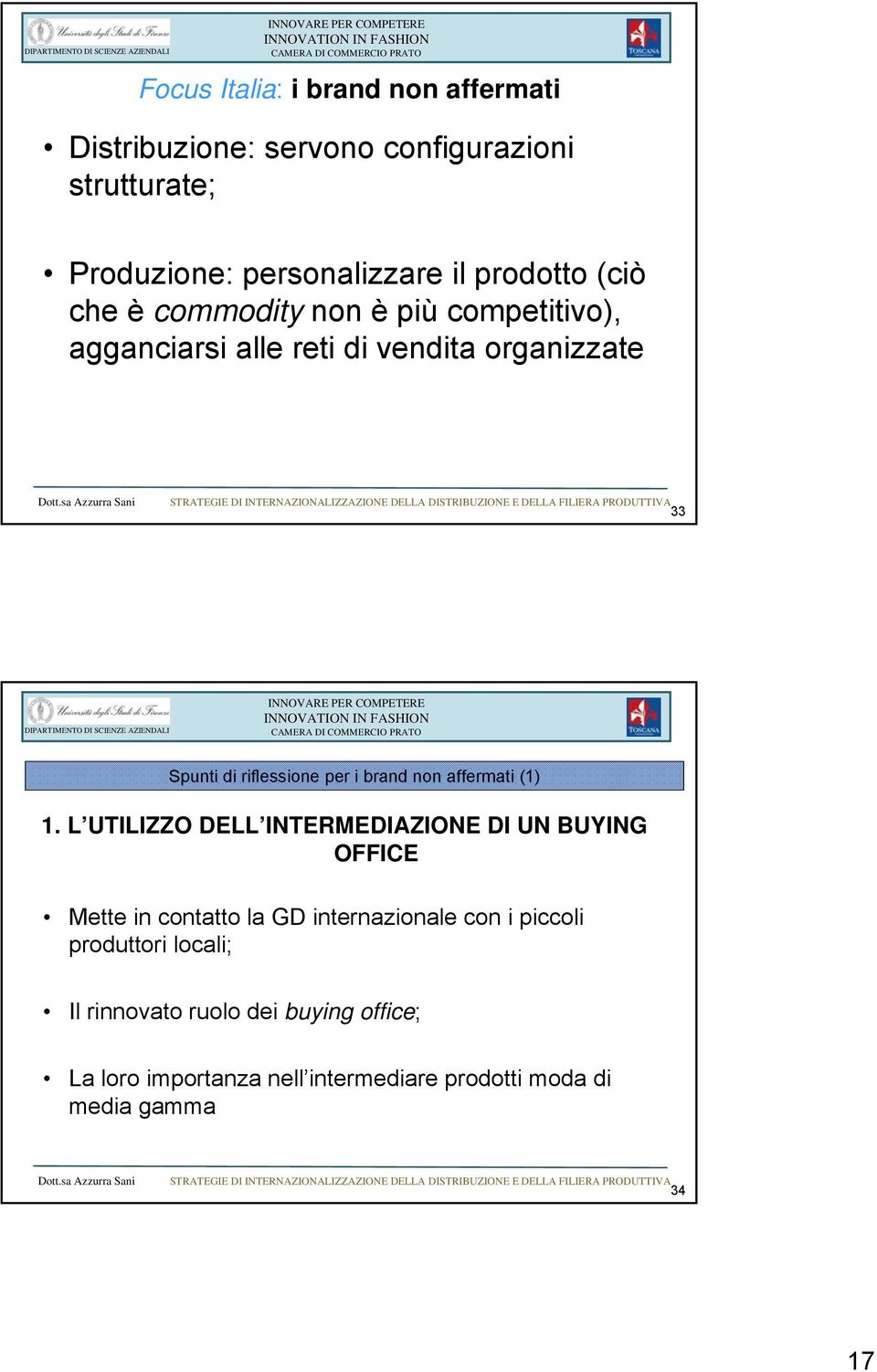 sa Azzurra Sani STRATEGIE DI INTERNAZIONALIZZAZIONE DELLA DISTRIBUZIONE E DELLA FILIERA PRODUTTIVA 33 Spunti di riflessione per i brand non affermati (1) 1.