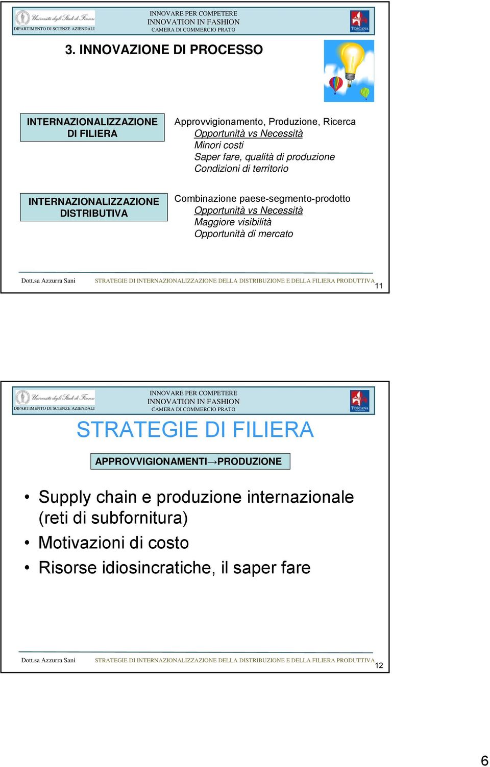 sa Azzurra Sani STRATEGIE DI INTERNAZIONALIZZAZIONE DELLA DISTRIBUZIONE E DELLA FILIERA PRODUTTIVA 11 STRATEGIE DI FILIERA APPROVVIGIONAMENTI PRODUZIONE Supply chain e produzione