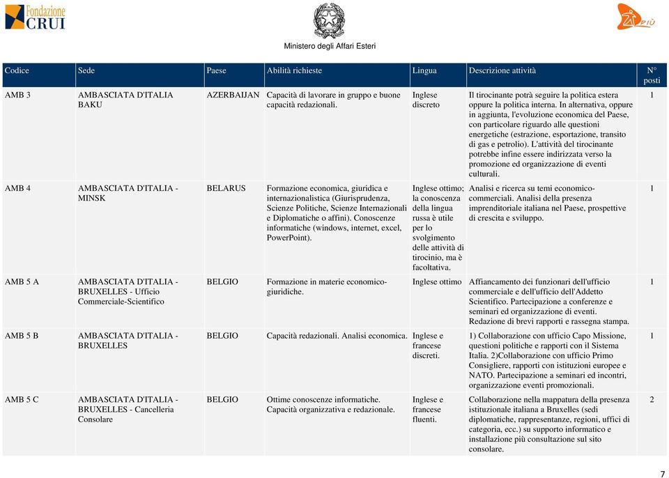 BELARUS BELGIO BELGIO BELGIO Formazione economica, giuridica e internazionalistica (Giurisprudenza, Scienze Politiche, Scienze Internazionali e Diplomatiche o affini).