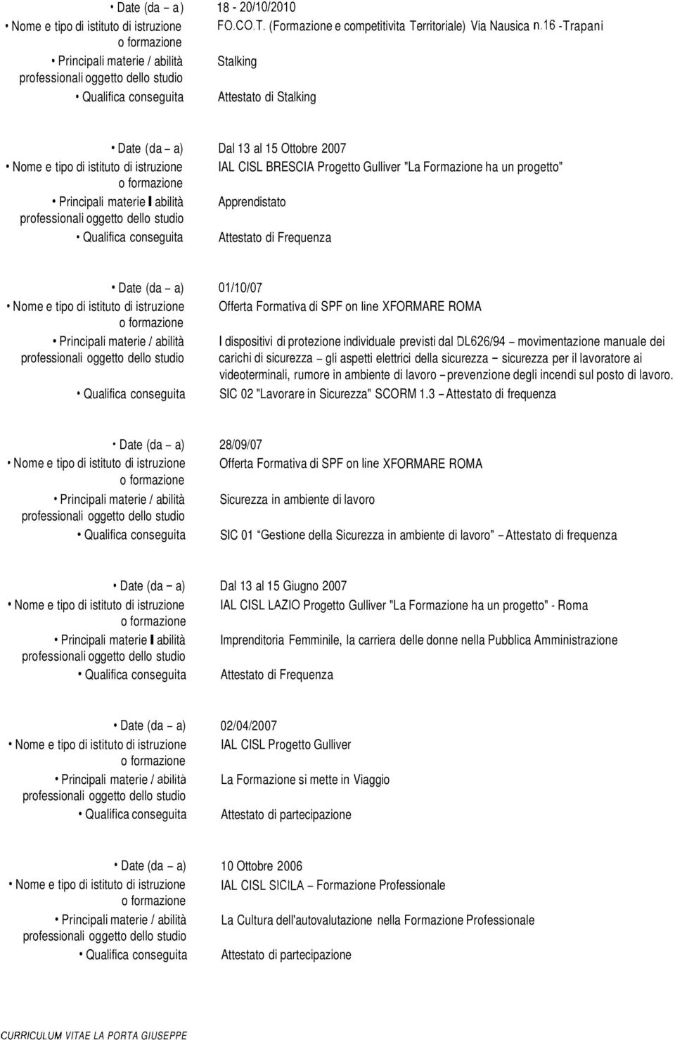 Gulliver "La Formazione ha un progetto" Principali materie I abilità Apprendistato Qualifica conseguita Attestato di Frequenza Date (da- a) 01/10/07 Nome e tipo di istituto di istruzione Offerta