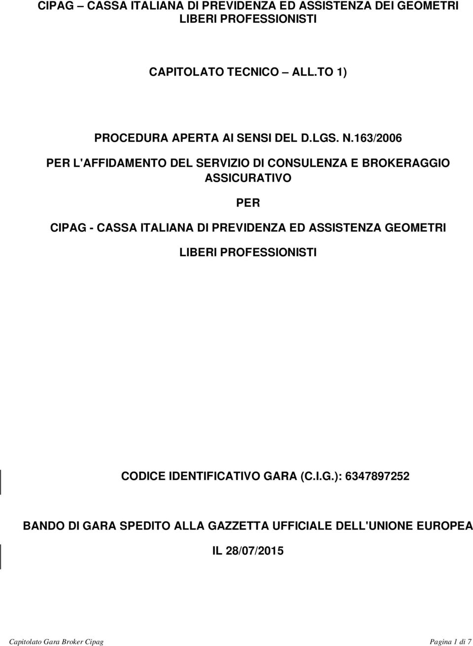 163/2006 PER L'AFFIDAMENTO DEL SERVIZIO DI CONSULENZA E BROKERAGGIO ASSICURATIVO PER CIPAG - CASSA ITALIANA DI PREVIDENZA