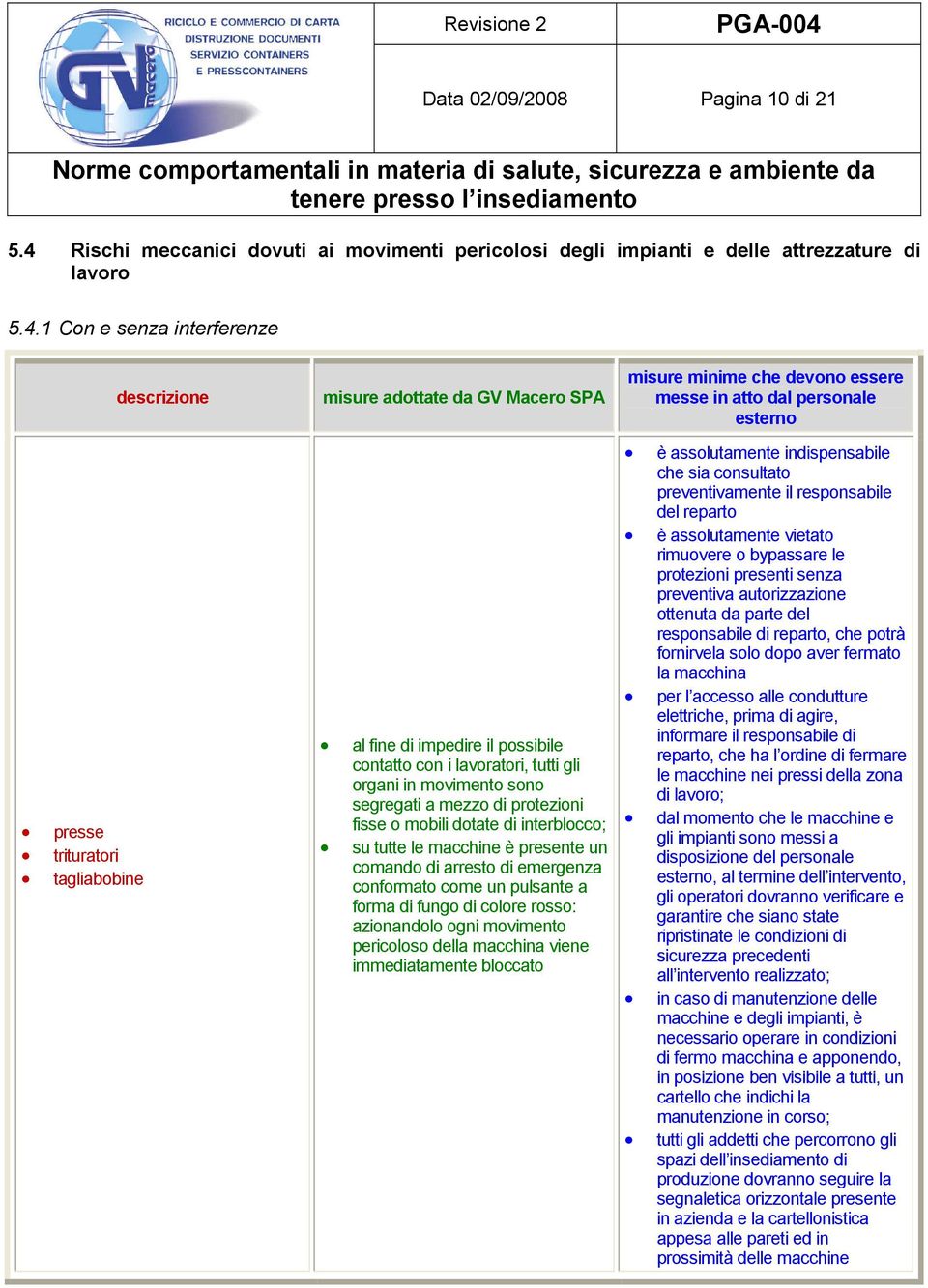 1 Con e senza interferenze descrizione misure adottate da GV Macero SPA misure minime che devono essere messe in atto dal personale esterno presse trituratori tagliabobine al fine di impedire il