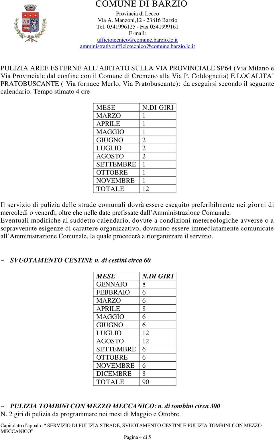 DI GIRI MARZO 1 APRILE 1 MAGGIO 1 GIUGNO 2 LUGLIO 2 AGOSTO 2 SETTEMBRE 1 OTTOBRE 1 NOVEMBRE 1 TOTALE 12 Il servizio di pulizia delle strade comunali dovrà essere eseguito preferibilmente nei giorni