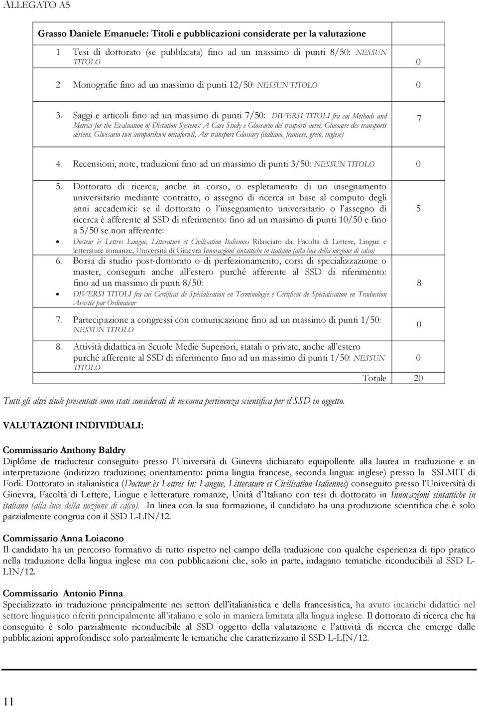 Saggi e articoli fino ad un massimo di punti 7/50: DIVERSI TITOLI fra cui Methods and Metrics for the Evaluation of Dictation Systems: A Case Study e Glossario dei trasporti aerei, Glossaire des