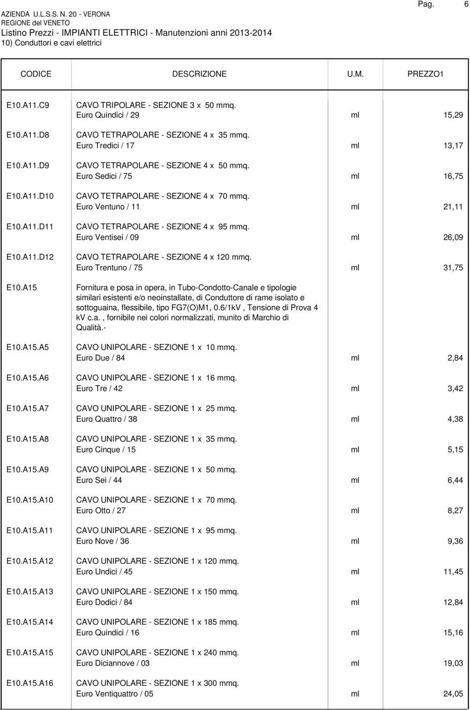 Euro Tredici / 17 ml 13,17 CAVO TETRAPOLARE - SEZIONE 4 x 50 mmq. Euro Sedici / 75 ml 16,75 CAVO TETRAPOLARE - SEZIONE 4 x 70 mmq. Euro Ventuno / 11 ml 21,11 CAVO TETRAPOLARE - SEZIONE 4 x 95 mmq.
