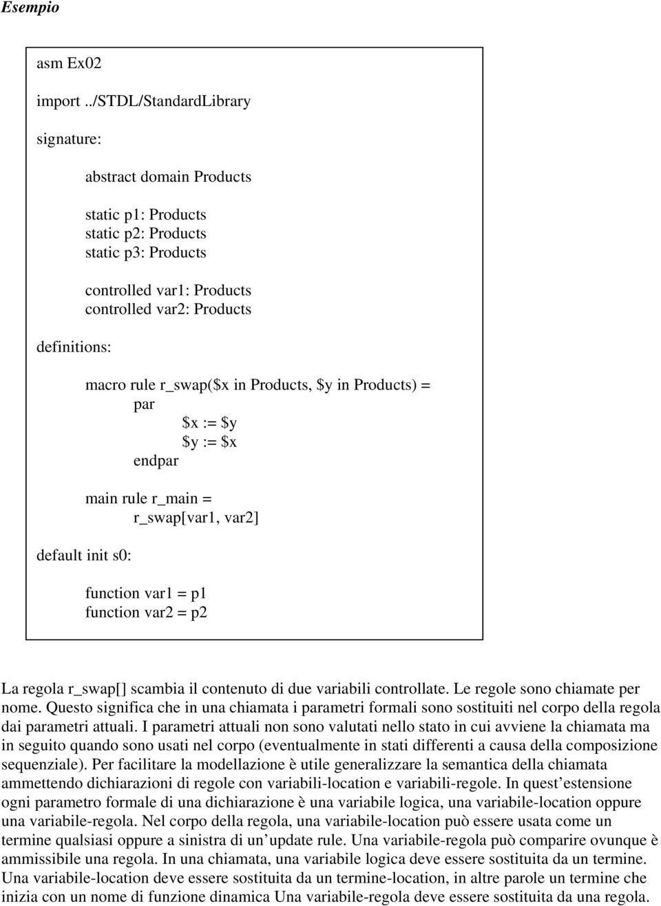 s0: macro rule r_swap($x in Products, $y in Products) = par $x := $y $y := $x endpar main rule r_main = r_swap[var1, var2] function var1 = p1 function var2 = p2 La regola r_swap[] scambia il