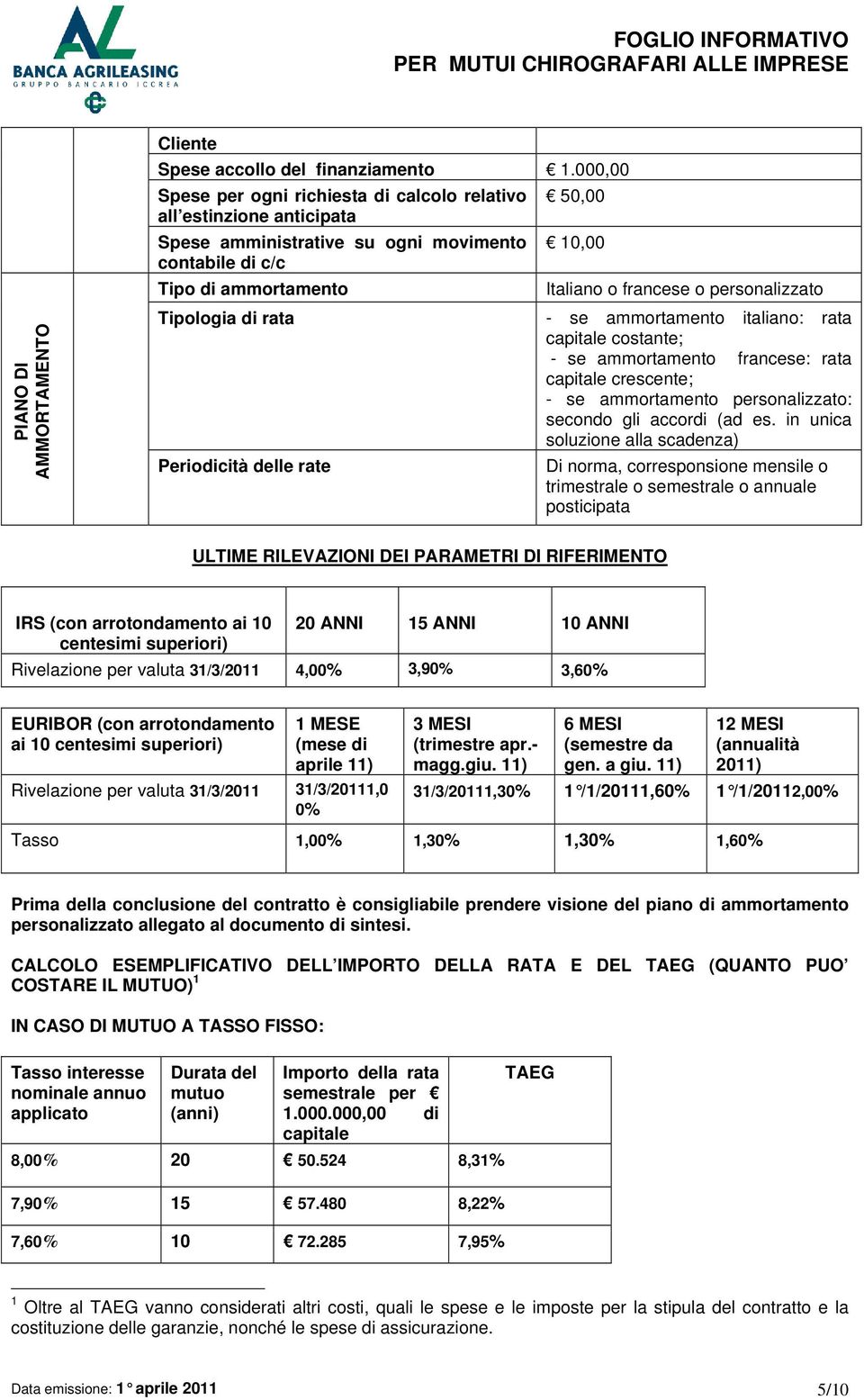 personalizzato Tipologia di rata - se ammortamento italiano: rata capitale costante; - se ammortamento francese: rata capitale crescente; - se ammortamento personalizzato: secondo gli accordi (ad es.