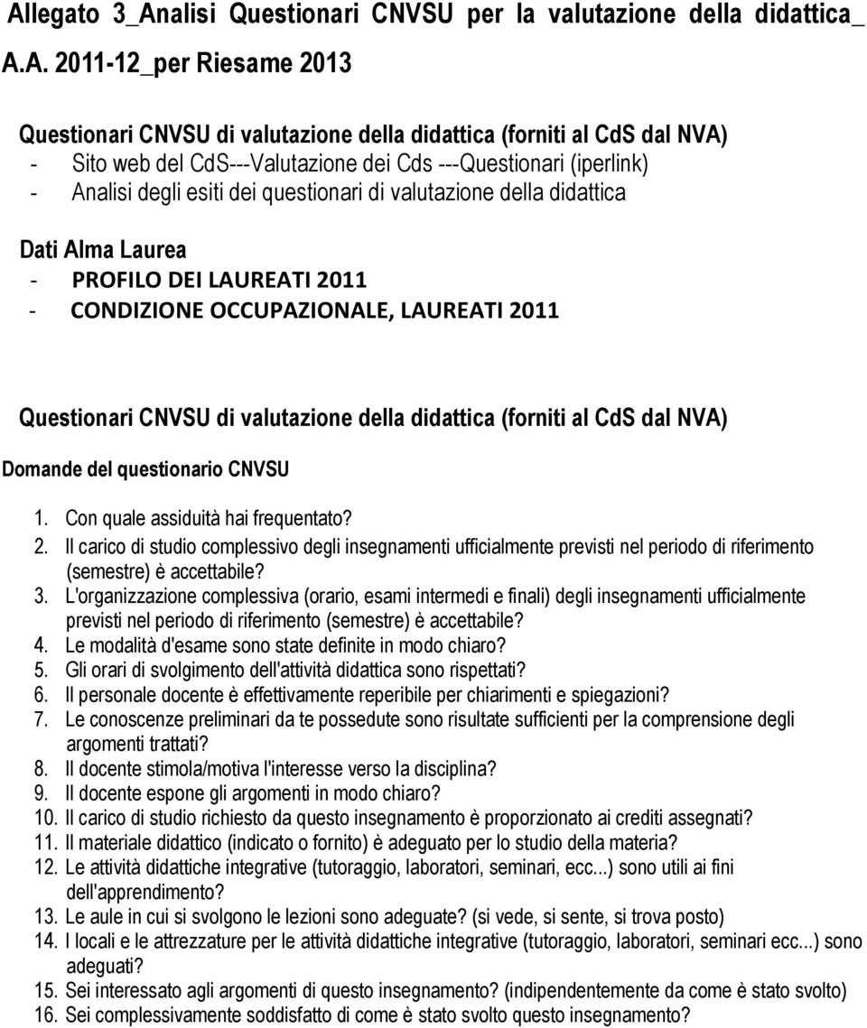 LAUREATI 2011 Questionari CNVSU di valutazione della didattica (forniti al CdS dal NVA) Domande del questionario CNVSU 1. Con quale assiduità hai frequentato? 2. Il carico di studio complessivo degli insegnamenti ufficialmente previsti nel periodo di riferimento (semestre) è accettabile?