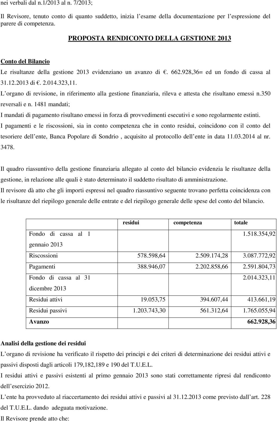 L organo di revisione, in riferimento alla gestione finanziaria, rileva e attesta che risultano emessi n.350 reversali e n.