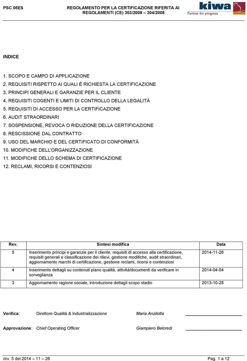 RESCISSIONE DAL CONTRATTO 9. USO DEL MARCHIO E DEL CERTIFICATO DI CONFORMITÁ 10. MODIFICHE DELL'ORGANIZZAZIONE 11. MODIFICHE DELLO SCHEMA DI CERTIFICAZIONE 12. RECLAMI, RICORSI E CONTENZIOSI Rev.