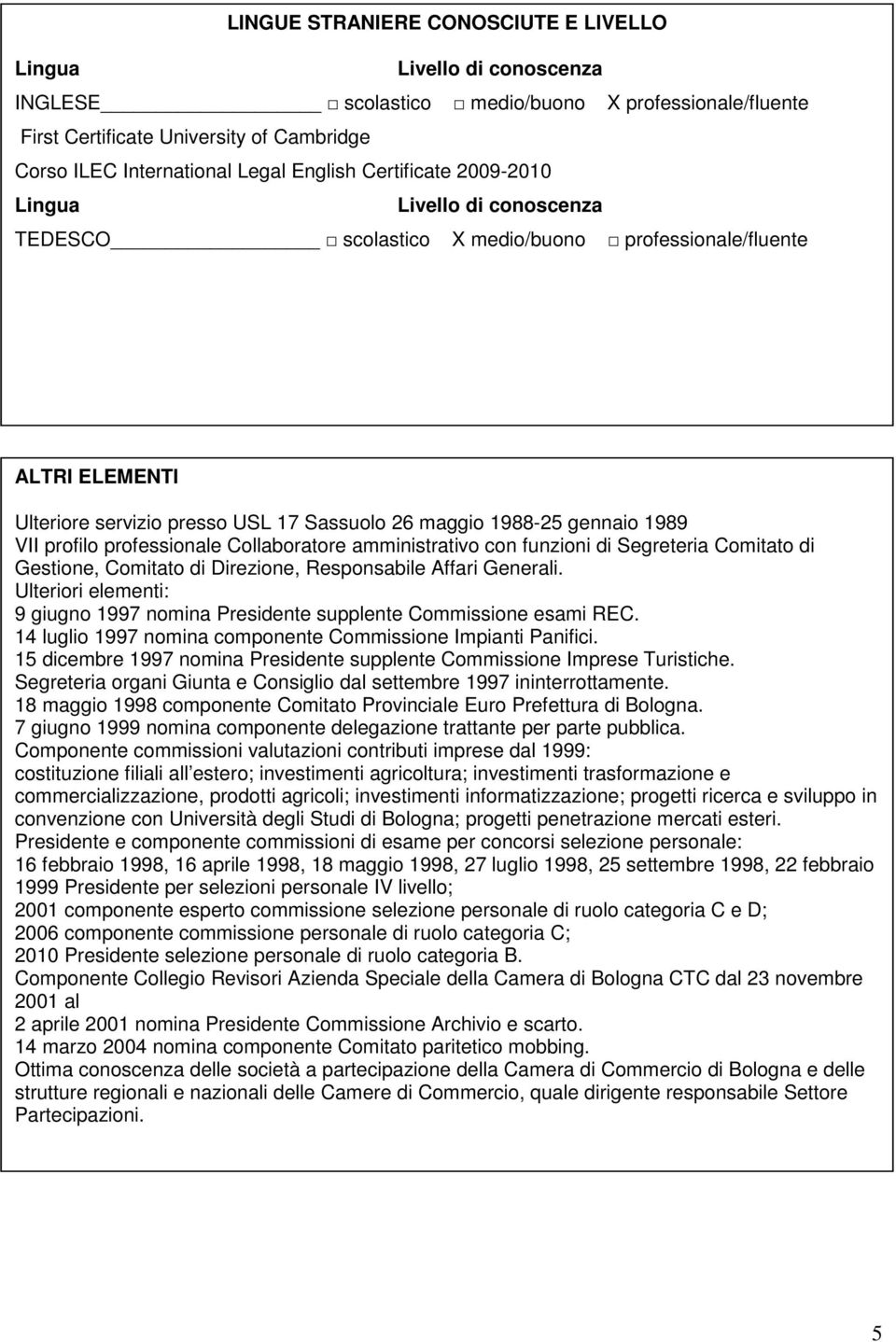 1989 VII profilo professionale Collaboratore amministrativo con funzioni di Segreteria Comitato di Gestione, Comitato di Direzione, Responsabile Affari Generali.