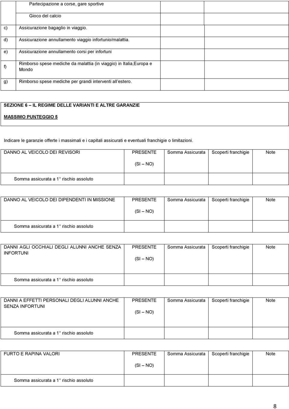 SEZIONE 6 IL REGIME DELLE VARIANTI E ALTRE GARANZIE MASSIMO PUNTEGGIO 5 Indicare le garanzie offerte i massimali e i capitali assicurati e eventuali franchigie o limitazioni.