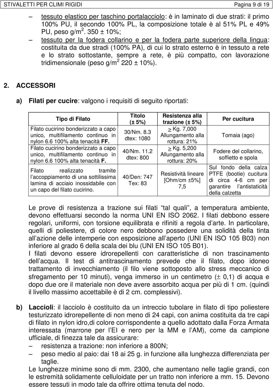 350 ± 10%; tessuto per la fodera collarino e per la fodera parte superiore della lingua: costituita da due stradi (100% PA), di cui lo strato esterno è in tessuto a rete e lo strato sottostante,