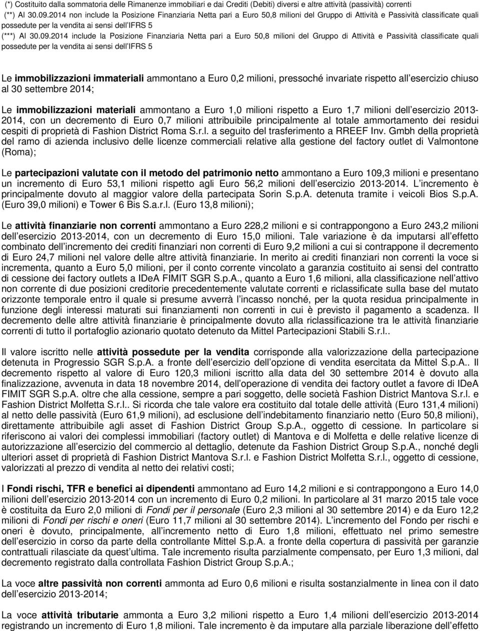 2014 include la Posizione Finanziaria Netta pari a Euro 50,8 milioni del Gruppo di Attività e Passività classificate quali possedute per la vendita ai sensi dell IFRS 5 Le immobilizzazioni