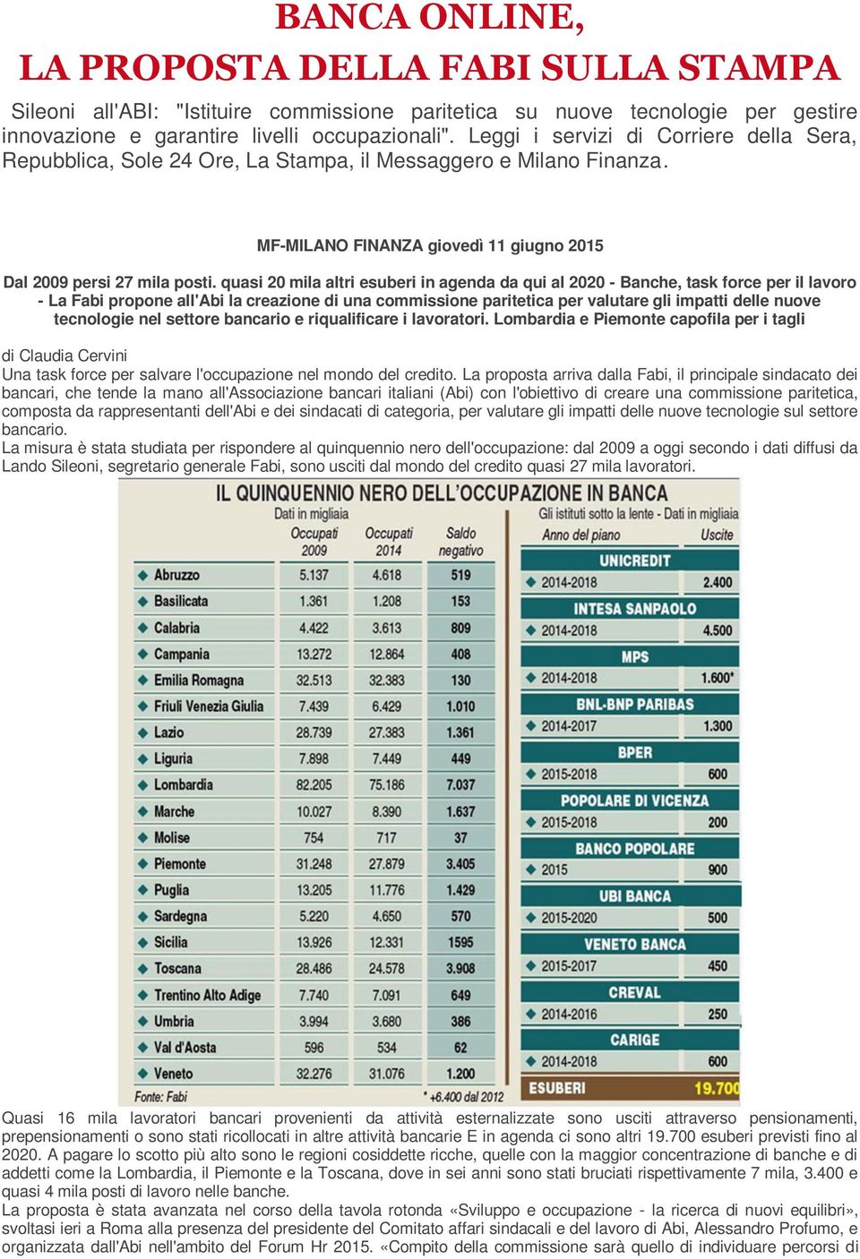 quasi 20 mila altri esuberi in agenda da qui al 2020 - Banche, task force per il lavoro - La Fabi propone all'abi la creazione di una commissione paritetica per valutare gli impatti delle nuove