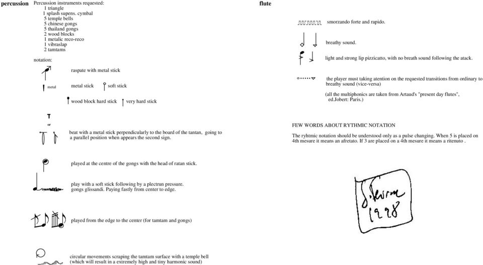 raspate with metal wood block hard stick soft stick very hard stick the player must taking atention on the requested transitions from ordinary to breathy sound (vice-versa) (all the multiphonics are