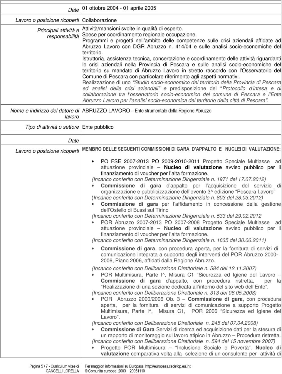 Istruttoria, assistenza tecnica, concertazione e coordinamento delle attività riguardanti le crisi aziendali nella Provincia di Pescara e sulle analisi socio-economiche del territorio su mandato di