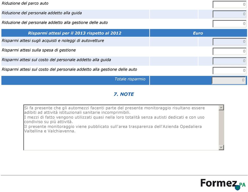 gestione delle auto 0 risparmio 0 7. NOTE Si fa presente che gli automezzi facenti parte del presente monitoraggio risultano essere adibiti ad attività istituzionali sanitarie incomprimibili.