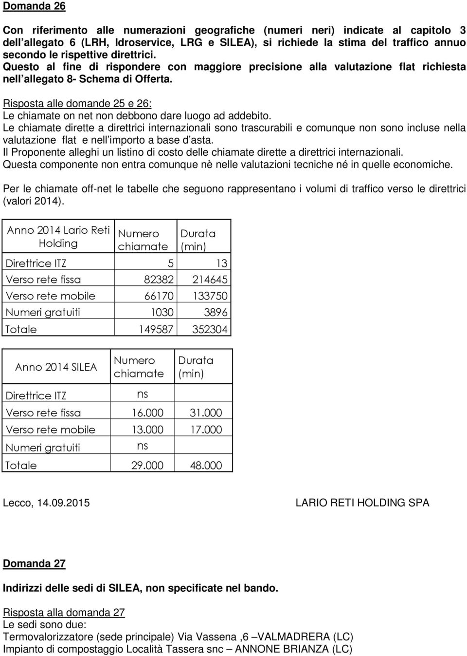 Risposta alle domande 25 e 26: Le chiamate on net non debbono dare luogo ad addebito.