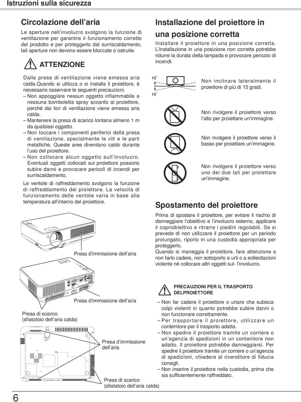 quando si utilizza o si installa il proiettore, è necessario osservare le seguenti precauzioni.