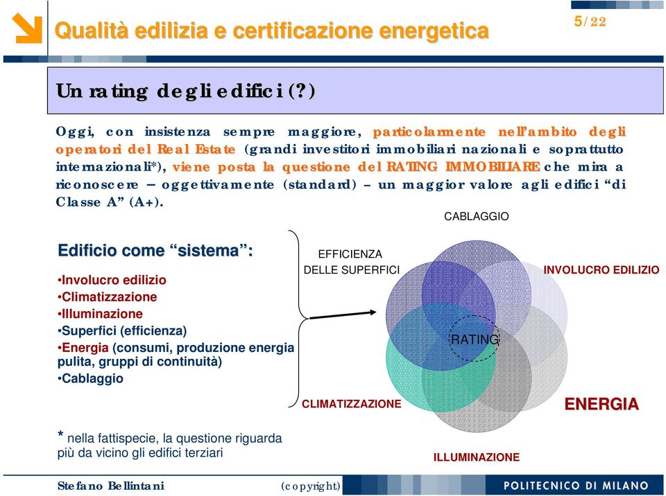 la questione del RATING IMMOBILIARE che mira a riconoscere oggettivamente (standard) un maggior valore agli edifici di Classe A (A+).
