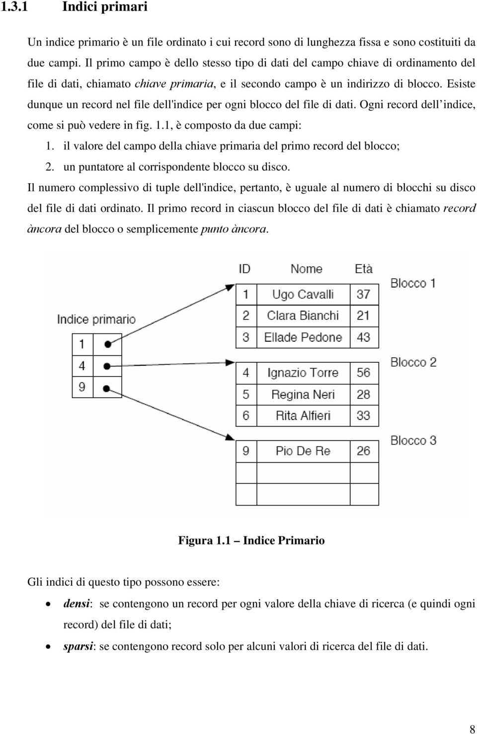 Esiste dunque un record nel file dell'indice per ogni blocco del file di dati. Ogni record dell indice, come si può vedere in fig. 1.1, è composto da due campi: 1.