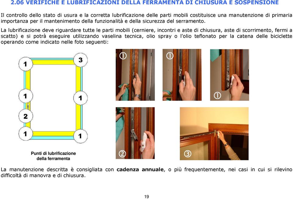 La lubrificazione deve riguardare tutte le parti mobili (cerniere, incontri e aste di chiusura, aste di scorrimento, fermi a scatto) e si potrà eseguire utilizzando vaselina tecnica, olio