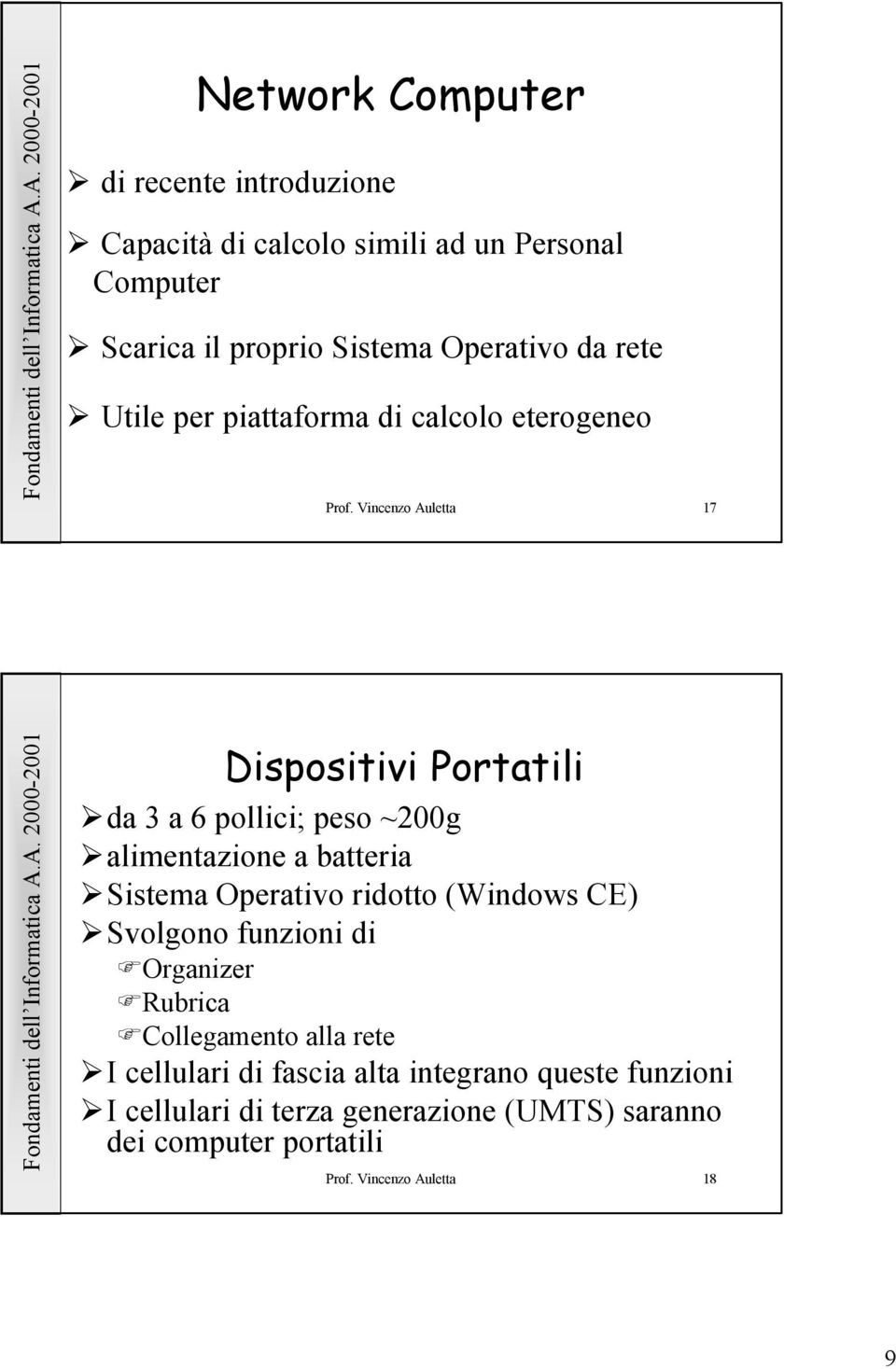 Vincenzo Auletta 17 Dispositivi Portatili da 3 a 6 pollici; peso ~200g alimentazione a batteria Sistema Operativo ridotto (Windows