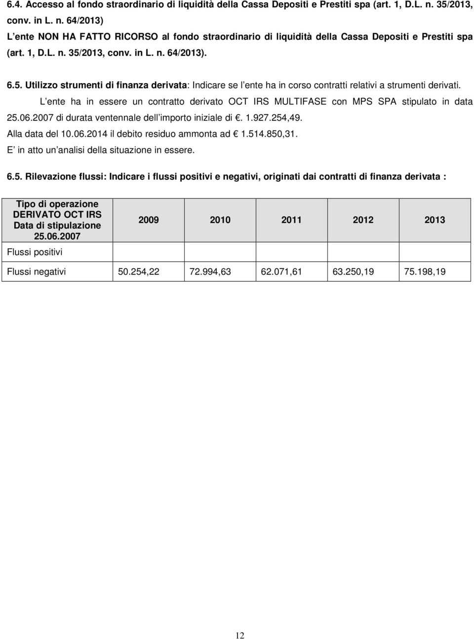 L ente ha in essere un contratto derivato OCT IRS MULTIFASE con MPS SPA stipulato in data 25.06.2007 di durata ventennale dell importo iniziale di. 1.927.254,49. Alla data del 10.06.2014 il debito residuo ammonta ad 1.