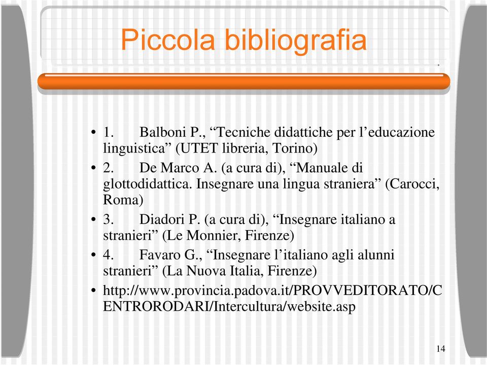 (a cura di), Insegnare italiano a stranieri (Le Monnier, Firenze) 4. Favaro G.