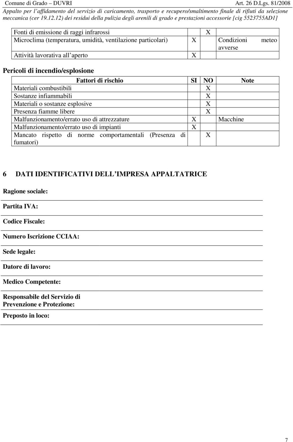 Malfunzionamento/errato uso di impianti Mancato rispetto di norme comportamentali (Presenza di fumatori) 6 DATI IDENTIFICATIVI DELL IMPRESA APPALTATRICE Ragione sociale: